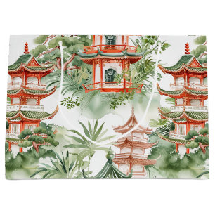 Grand Sac Cadeau Aquarelle Pagode asiatique dans paysage verdoyant