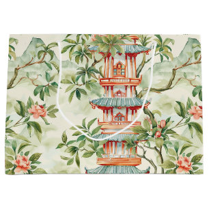 Grand Sac Cadeau Aquarelle Pagode asiatique dans paysage verdoyant