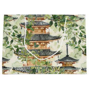 Grand Sac Cadeau Aquarelle Pagode asiatique dans paysage verdoyant