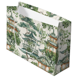 Grand Sac Cadeau Aquarelle Pagode asiatique dans paysage verdoyant