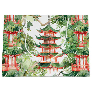 Grand Sac Cadeau Aquarelle Pagode asiatique dans paysage verdoyant