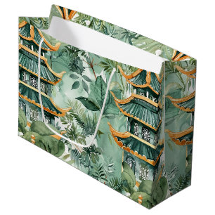 Grand Sac Cadeau Aquarelle Pagode asiatique dans paysage verdoyant