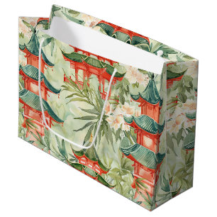 Grand Sac Cadeau Aquarelle Pagode asiatique dans paysage verdoyant 