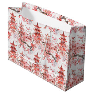Grand Sac Cadeau Aquarelle Pagode chinoise avec fleurs de cerisiers