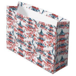 Grand Sac Cadeau Aquarelle Pagode chinoise avec fleurs de cerisiers