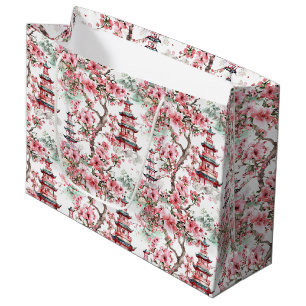 Grand Sac Cadeau Aquarelle Pagode chinoise - Fleurs de cerisiers (1