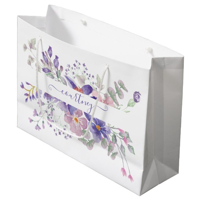 Grand Sac Cadeau Aquarelle rose et violet florale personnalisée (Devant Angle)