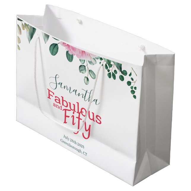 Grand Sac Cadeau Aquarelle rose Floral 50e fête d'anniversaire Fave (Devant Angle)