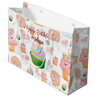 Grand Sac Cadeau Aquarelle rose mignonne Anniversaire Cupcake Unico