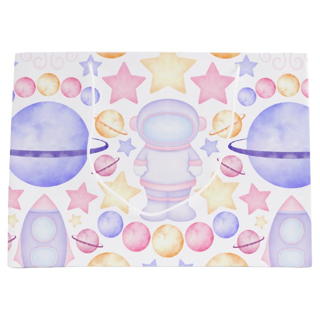 Grand Sac Cadeau Aquarelle rose mignonne Astronautes de l'espace An (Devant)
