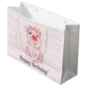 Grand Sac Cadeau Aquarelle rose mignonne Cochon Anniversaire