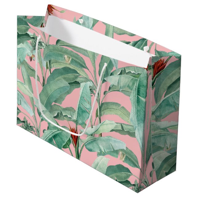 Grand Sac Cadeau Aquarelle rose moderne Tropical Banana Palm Feuill (Devant Angle)