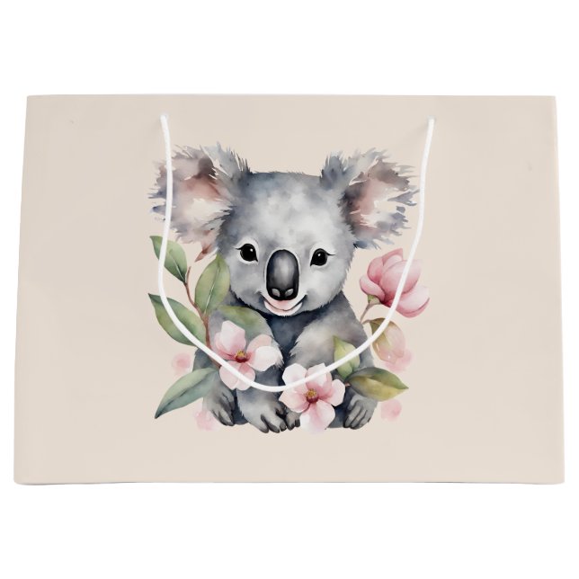Grand Sac Cadeau Aquarelle rose Ours Koala (Devant)