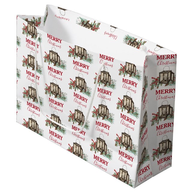 Grand Sac Cadeau Aquarelle rustique Berries à pin de Noël (Devant Angle)