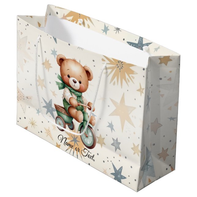Grand Sac Cadeau Aquarelle Teddy Bear Stars Vert Vélo Beau (Devant Angle)