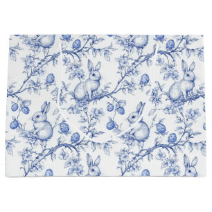 Grand Sac Cadeau Aquarelle Toile De Jouy Bleu Bunny Pâques