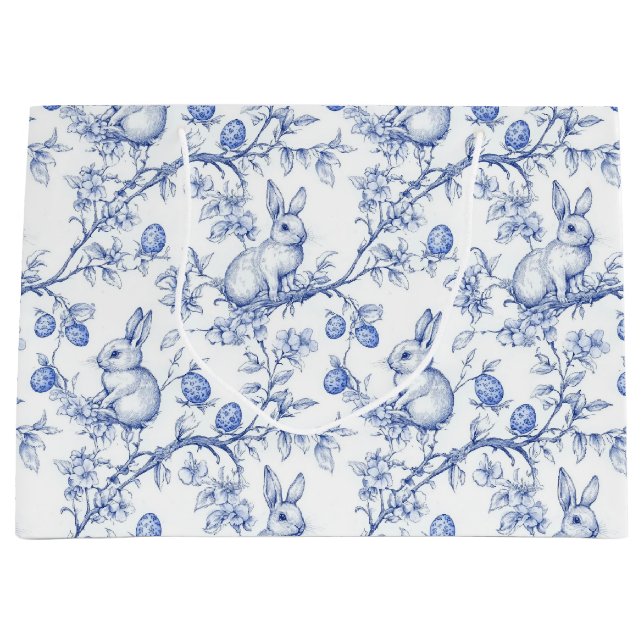 Grand Sac Cadeau Aquarelle Toile De Jouy Bleu Bunny Pâques (Devant)