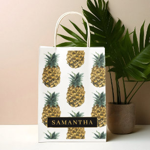 Grand Sac Cadeau Aquarelle tropicale Motif ananas avec nom