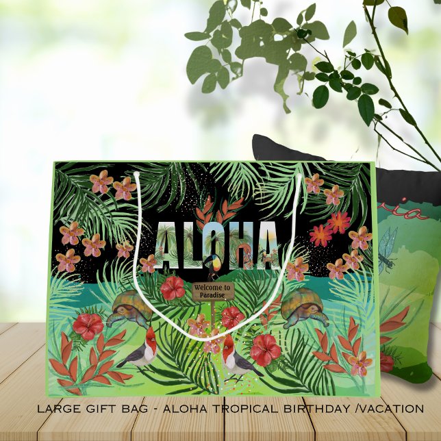 Grand Sac Cadeau Aquarelle Unique Vibrante Aloha Paradis Tropical (Unique Vibrant Watercolor Aloha Tropical Paradise Large Gift Bag )