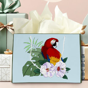 Grand Sac Cadeau Ara macao rouge Perroquet Floral tropical hibiscus