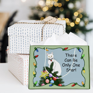 Grand Sac Cadeau Arbre de Noël drôle et festif Chat blanc drôle Ver