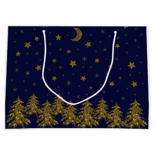 Grand Sac Cadeau Arbre de Noël en or brillant, lune, étoiles sur bl