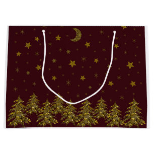 Grand Sac Cadeau Arbre de Noël en or brillant, lune, étoiles sur ro