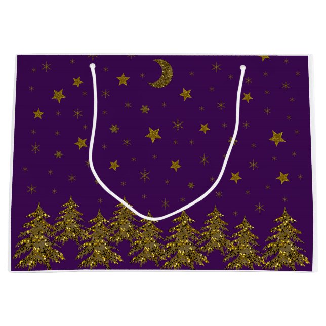 Grand Sac Cadeau Arbre de Noël en or brillant, lune, étoiles sur vi (Devant)