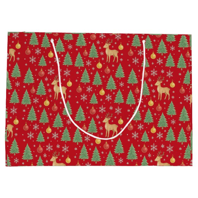 Grand Sac Cadeau Arbre de Noël et rennes aquarelles - (Dos)