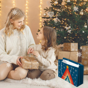 Grand Sac Cadeau Arbre de Noël minimaliste rouge et bleu rétro groo