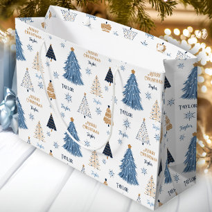 Grand Sac Cadeau Arbres Bleus Moderne Nom de Noël Texte