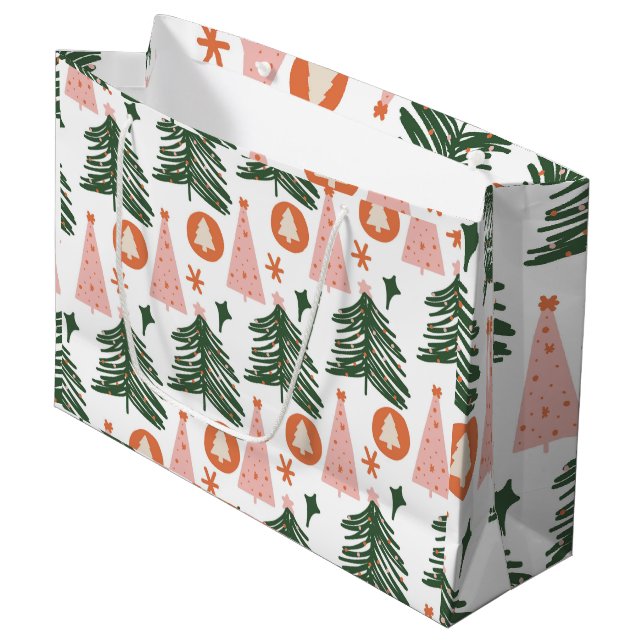 Grand Sac Cadeau Arbres de Noël Boho Vert Rose Orange (Devant Angle)