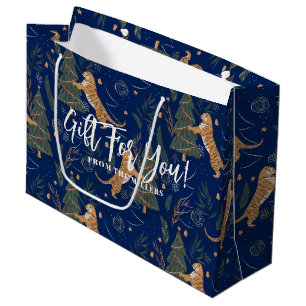 Grand Sac Cadeau Arbres de Noël & tigres arrière - plan bleu foncé