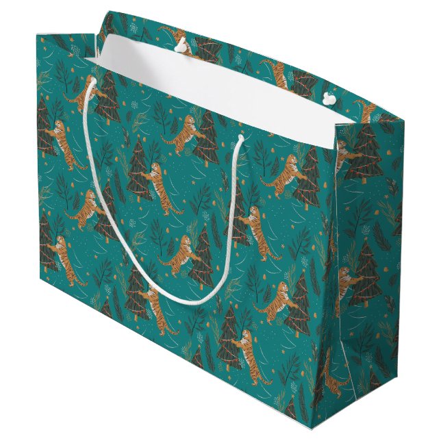 Grand Sac Cadeau Arbres de Noël & tigres motif sur turquoise (Dos Angle)