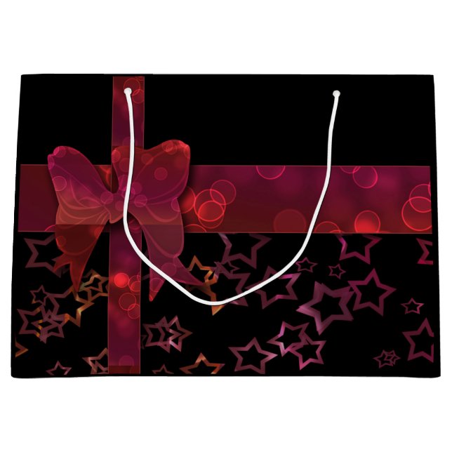 Grand Sac Cadeau Arc rouge parties scintillant et étoiles sur noir (Devant)