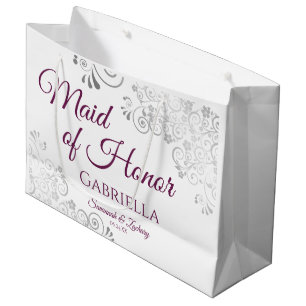 Grand Sac Cadeau Argent & Magenta sur la femme blanche de Mariage d