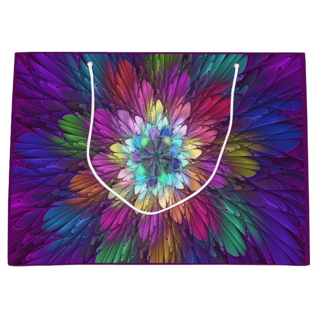 Grand Sac Cadeau Art abstrait fractal de fleurs psychédéliques colo (Devant)