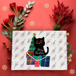 Grand Sac Cadeau Art de café de chat noir mignon Noël festif