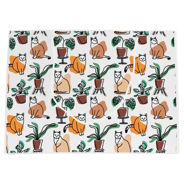 Grand Sac Cadeau Art de trait dessin chats et fleurs (Devant)