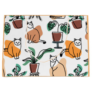 Grand Sac Cadeau Art de trait dessin chats et fleurs