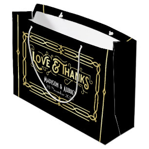 Grand Sac Cadeau Art Déco Mariage Love & Merci Gold Black Faveur