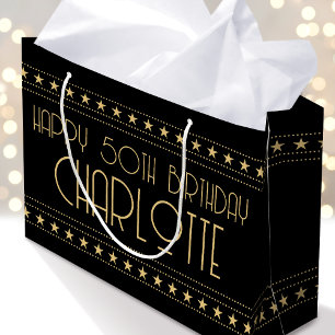 Grand Sac Cadeau Art Déco Star Custom Age Name Black Gold