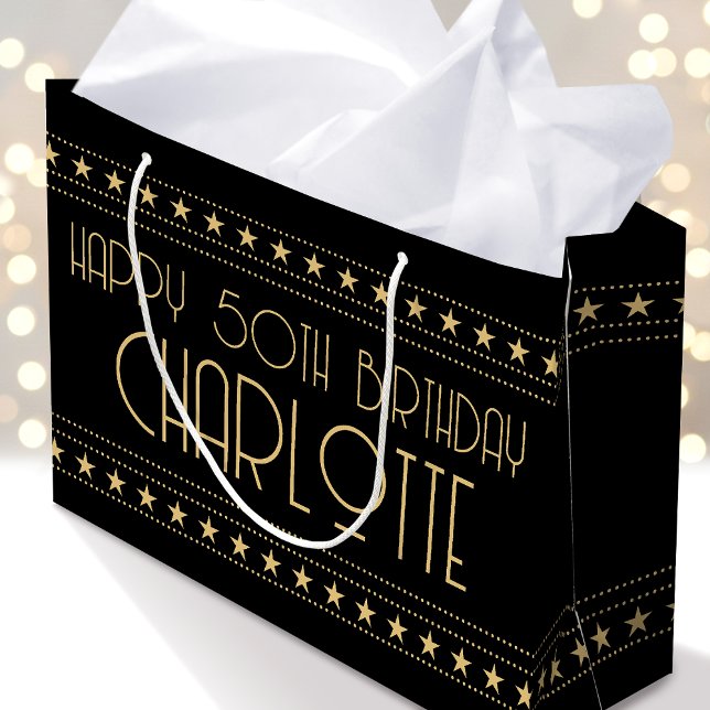 Grand Sac Cadeau Art Déco Star Custom Age Name Black Gold (Créateur téléchargé)