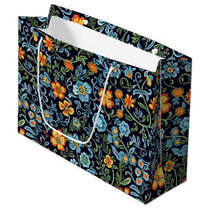 Grand Sac Cadeau Art floral complexe : Fleurs bleues et orange 