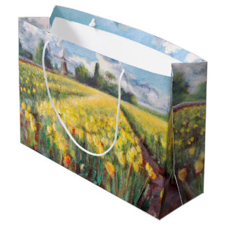 Grand Sac Cadeau Art jaune d'impressionisme de fleurs de tulipes de