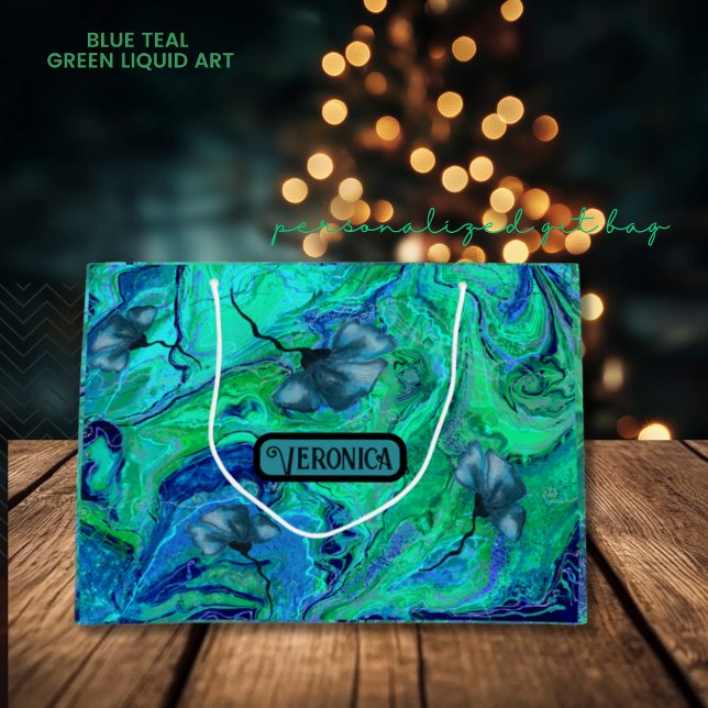 Grand Sac Cadeau Art moderne bleu Turquoise vert liquide (Modern Blue Teal Green Liquid Art Large Gift Bag)
