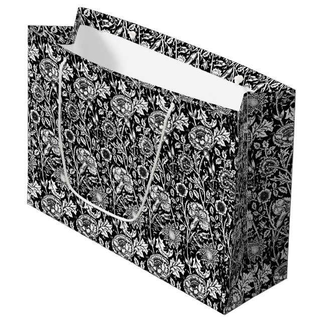 Grand Sac Cadeau Art nouveau Carnation Damask, noir et blanc (Devant Angle)