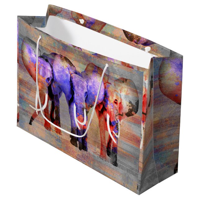 Grand Sac Cadeau Art numérique d'éléphant d'effet d'aquarelle (Devant Angle)