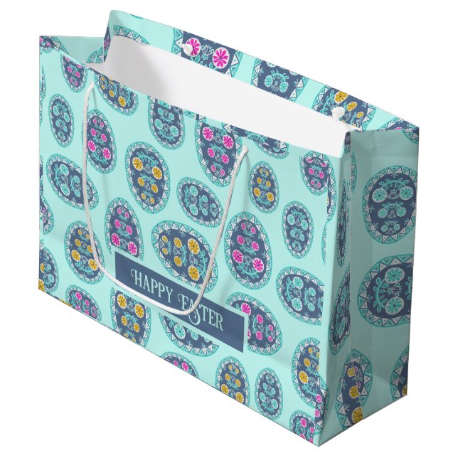 Grand Sac Cadeau Art populaire Motif de Pâques, Pysanka Inspiré Aqu (Devant Angle)