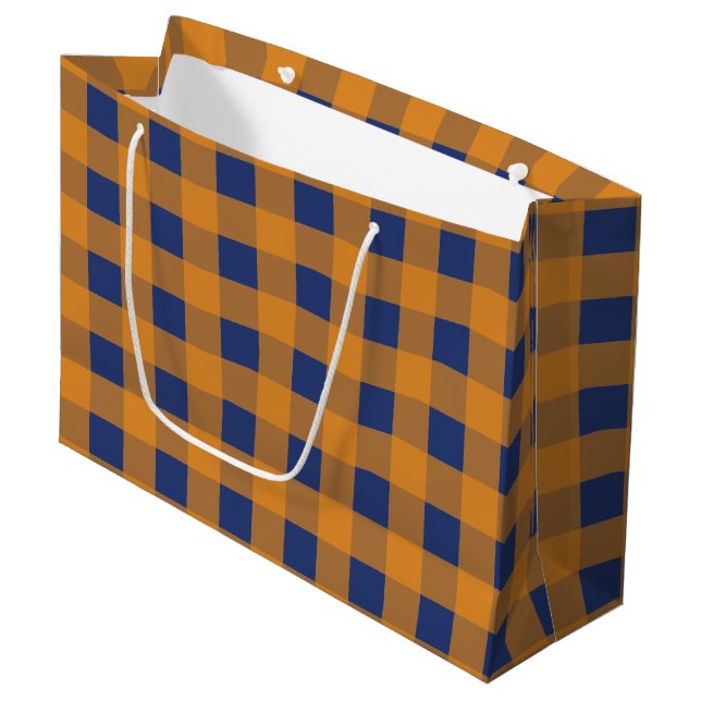 Grand Sac Cadeau Automne Automne Orange Bleu Plaid Motif (Devant Angle)